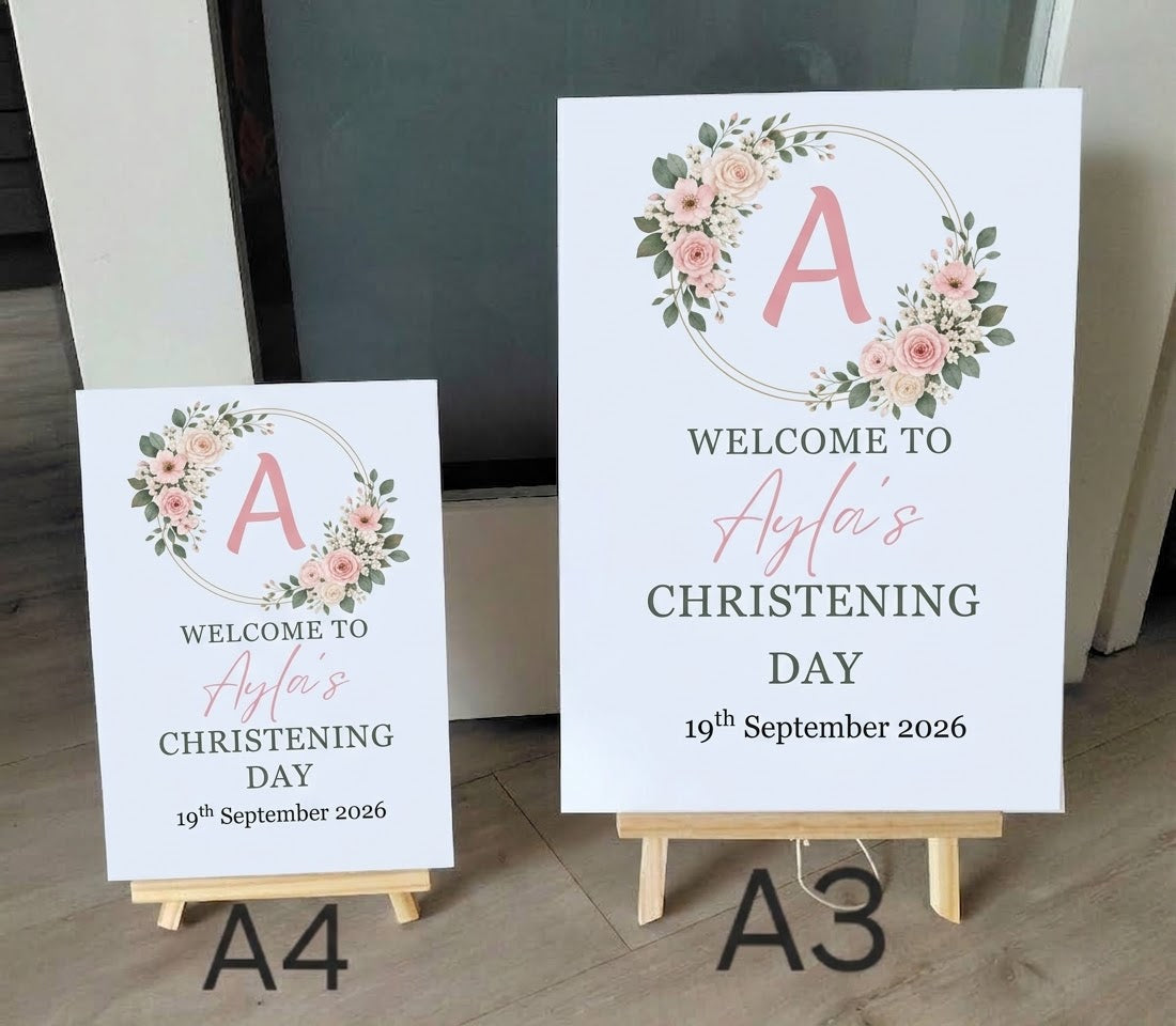 Personalised Floral Baby Shower Welcome Sign - Pink Roses - A3 & A4