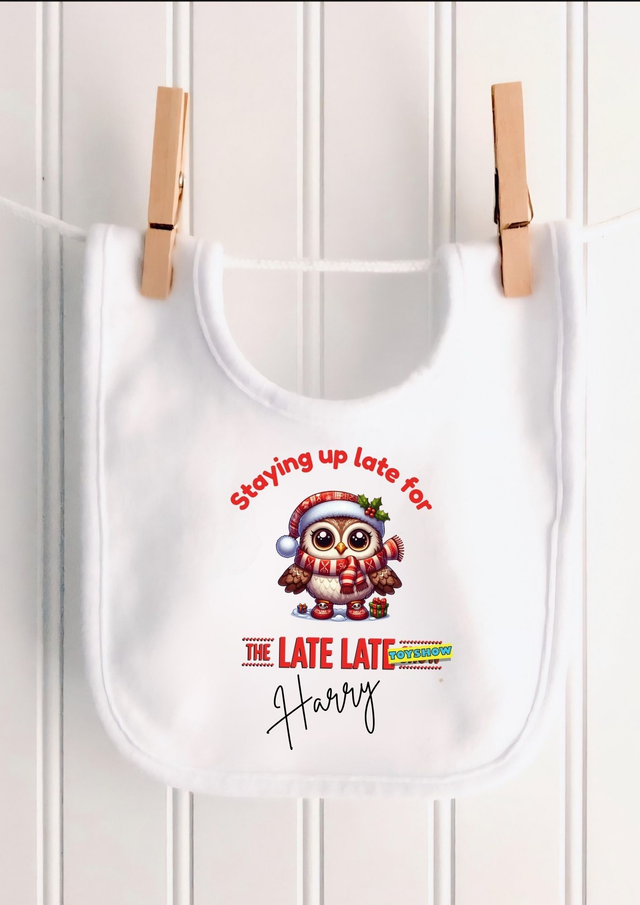 Personalised Staying Up Late Toy Show Baby Bib