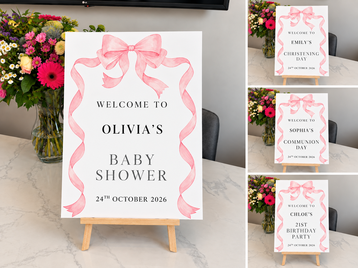 Four customisable pink bow signs for baby shower christening communion and 21st birthday
