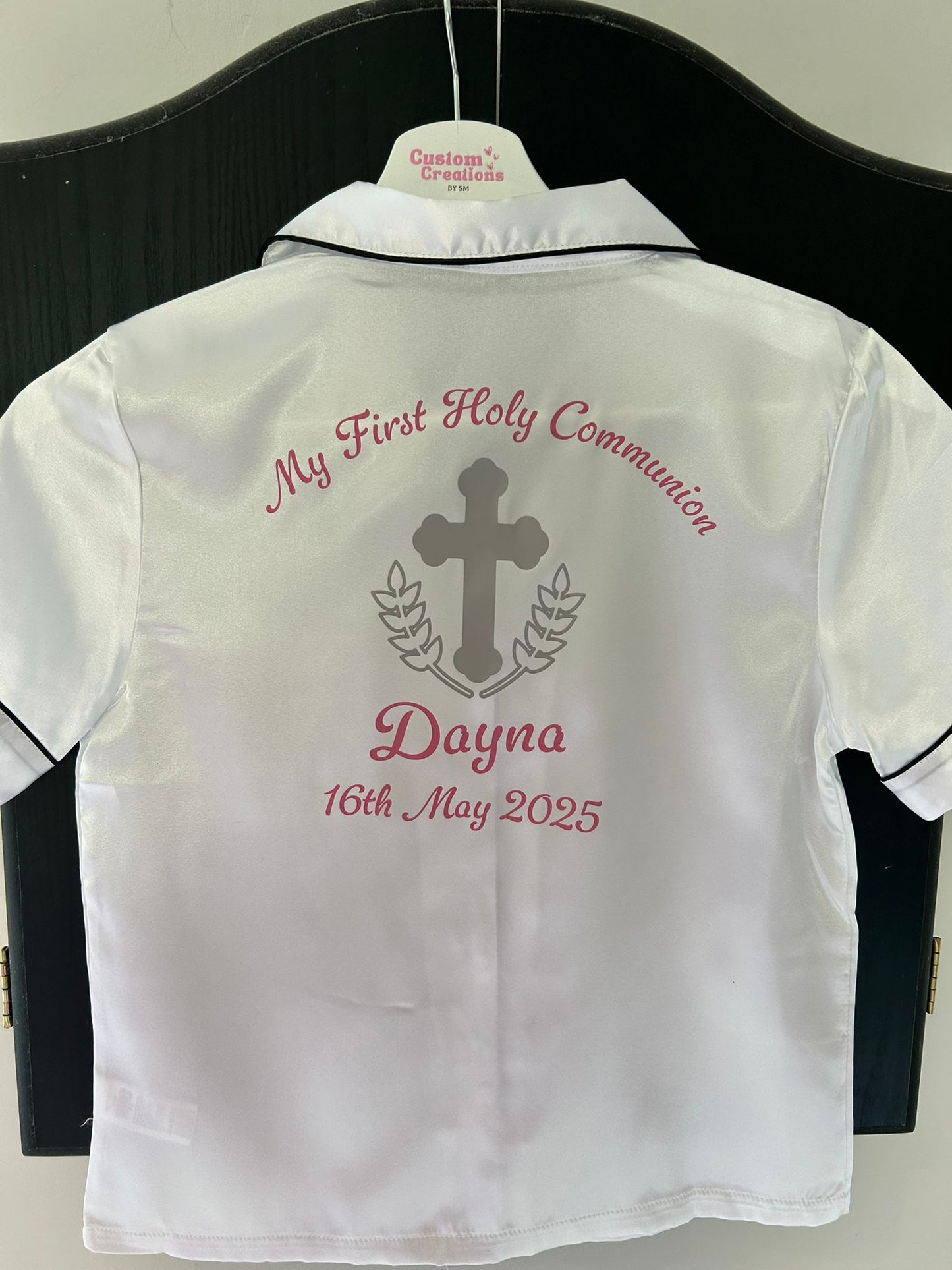 Girls Satin White Communion Pjs - Silver Cross Design