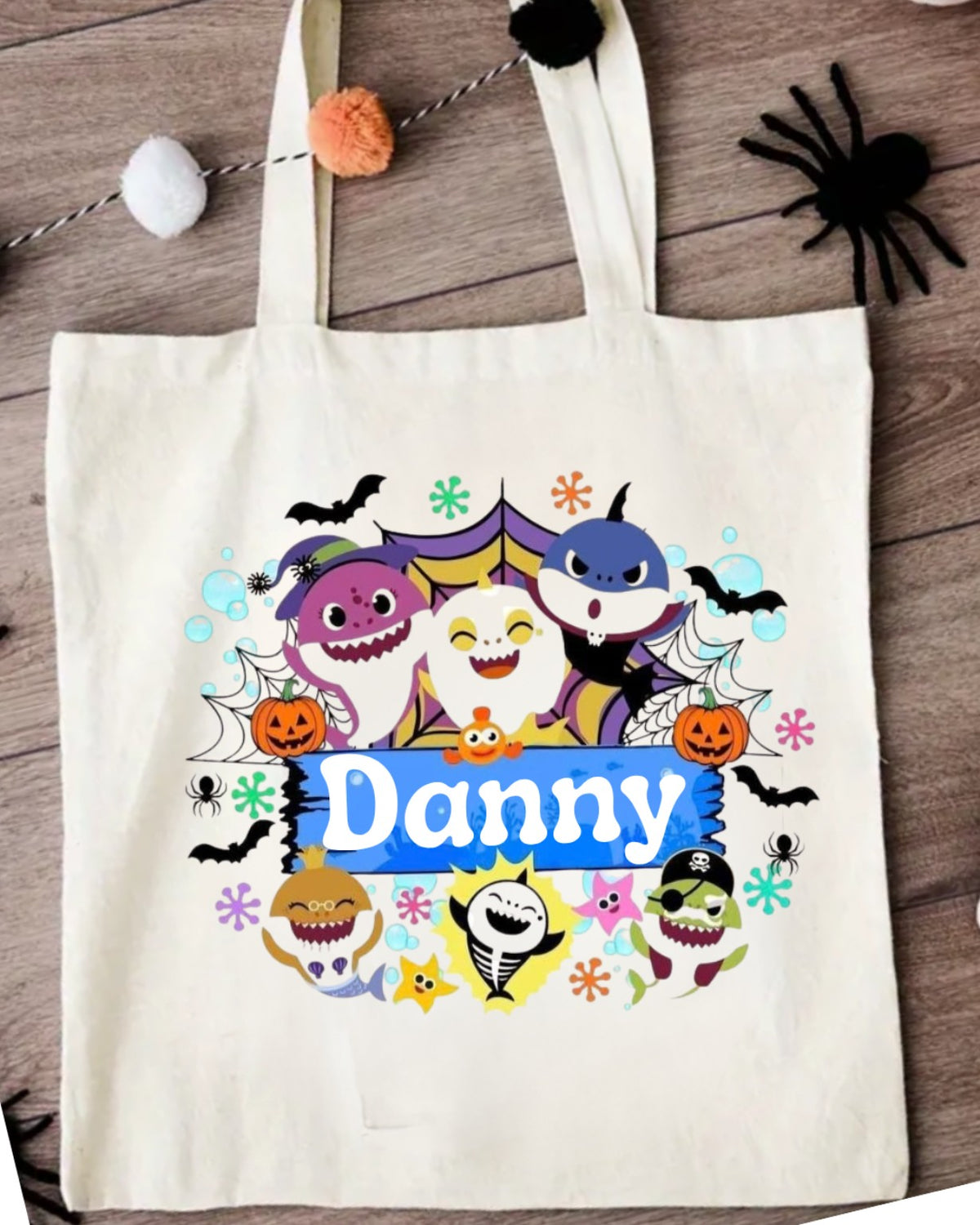 Personalised Halloween sharks trick or treat tote bag