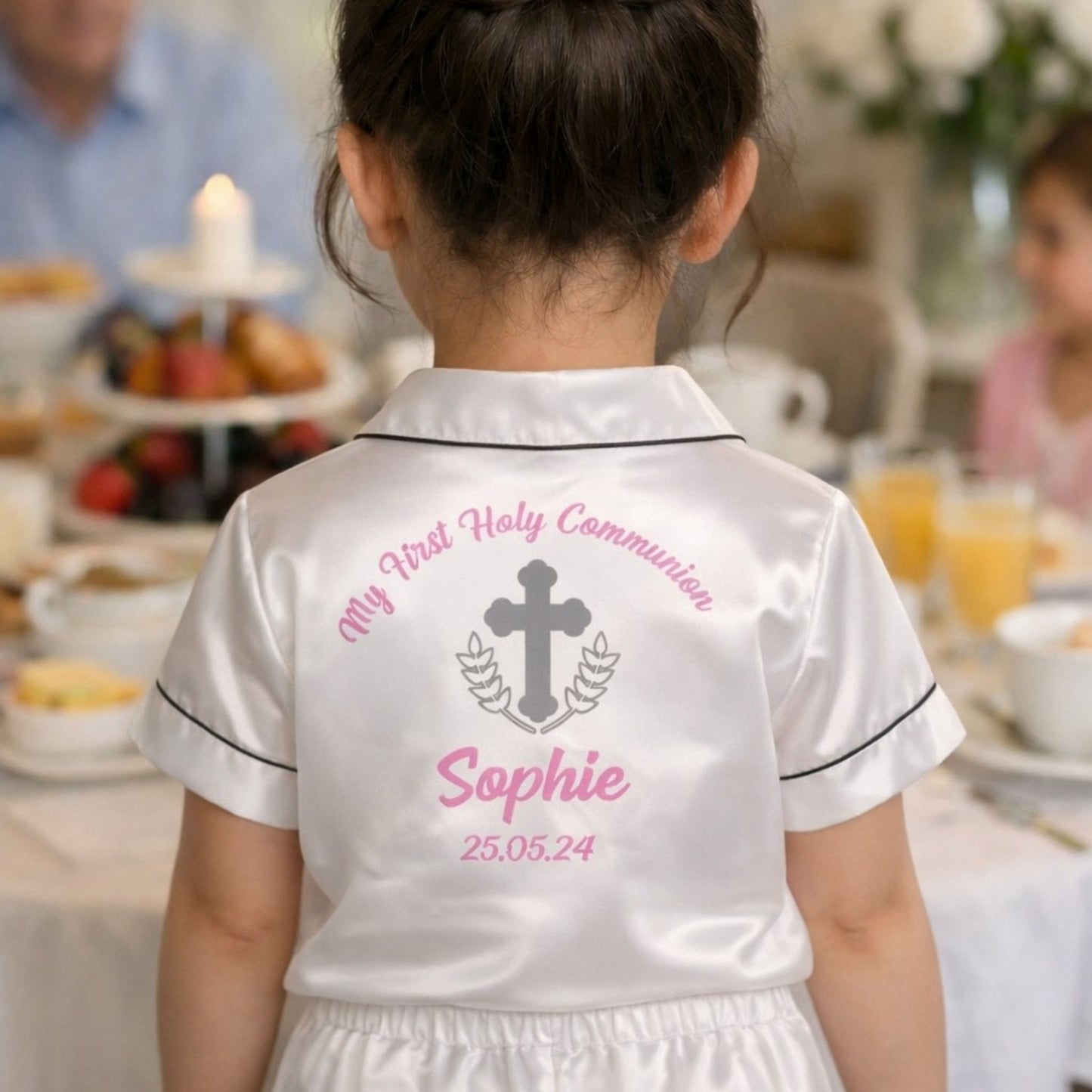 Girls Satin White Communion Pjs - Silver Cross Design