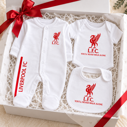 Personalised Liverpool FC Baby Gift Set | Sleepsuit, Vest & Bib