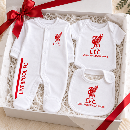Personalised Liverpool FC Baby Gift Set | Sleepsuit, Vest & Bib