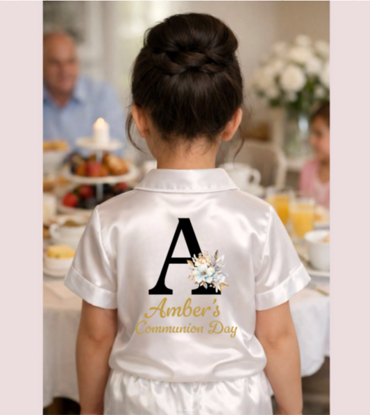 Girls Satin Pjs - Floral Initial Design