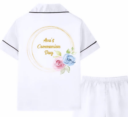 Girls Satin Pjs - Gold Floral Design