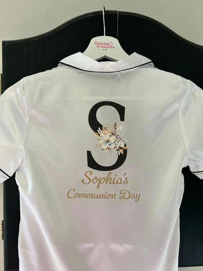 Girls Satin Pjs - Floral Initial Design