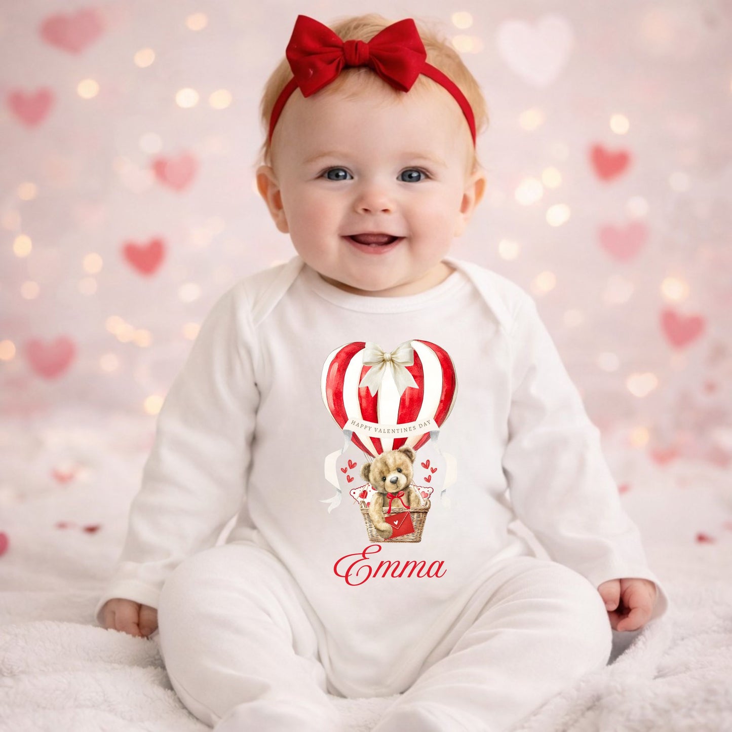 Personalised Valentine's Babygrow - Teddy in Hot Air Balloon 💕