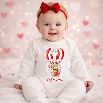 Personalised Valentine's Babygrow - Teddy in Hot Air Balloon 💕