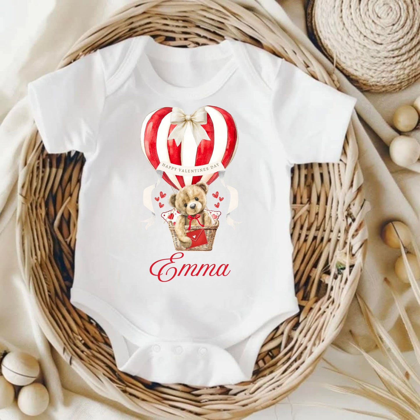 Personalised Valentine's Babygrow - Teddy in Hot Air Balloon 💕