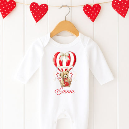 Personalised Valentine's Babygrow - Teddy in Hot Air Balloon 💕