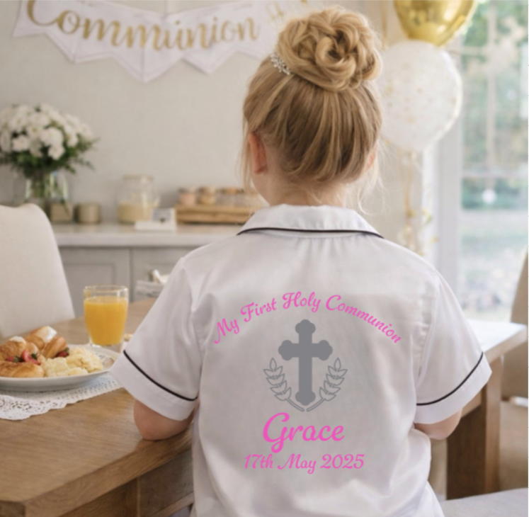 Girls Satin White Communion Pjs - Silver Cross Design