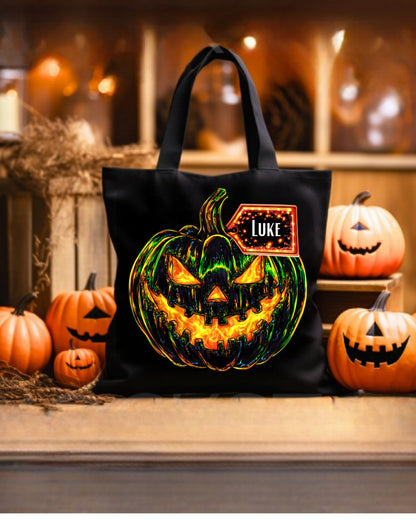 Personalised black pumpkin Halloween trick or treat tote bag