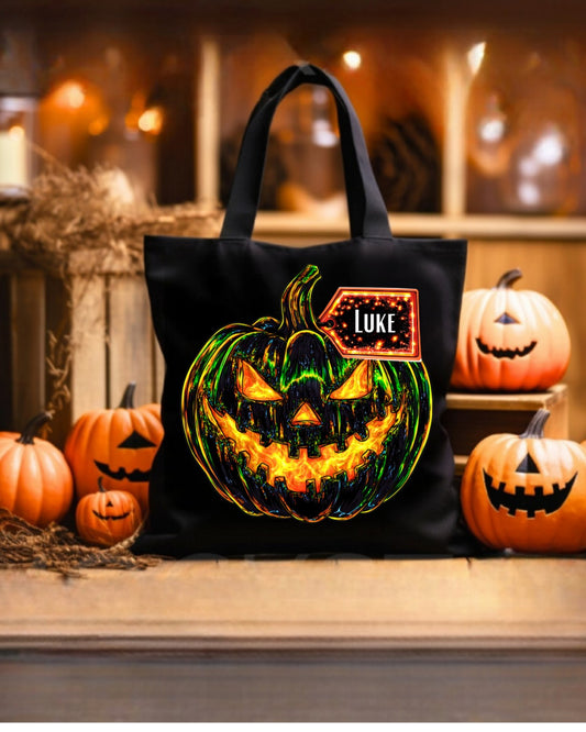Personalised black pumpkin Halloween trick or treat tote bag