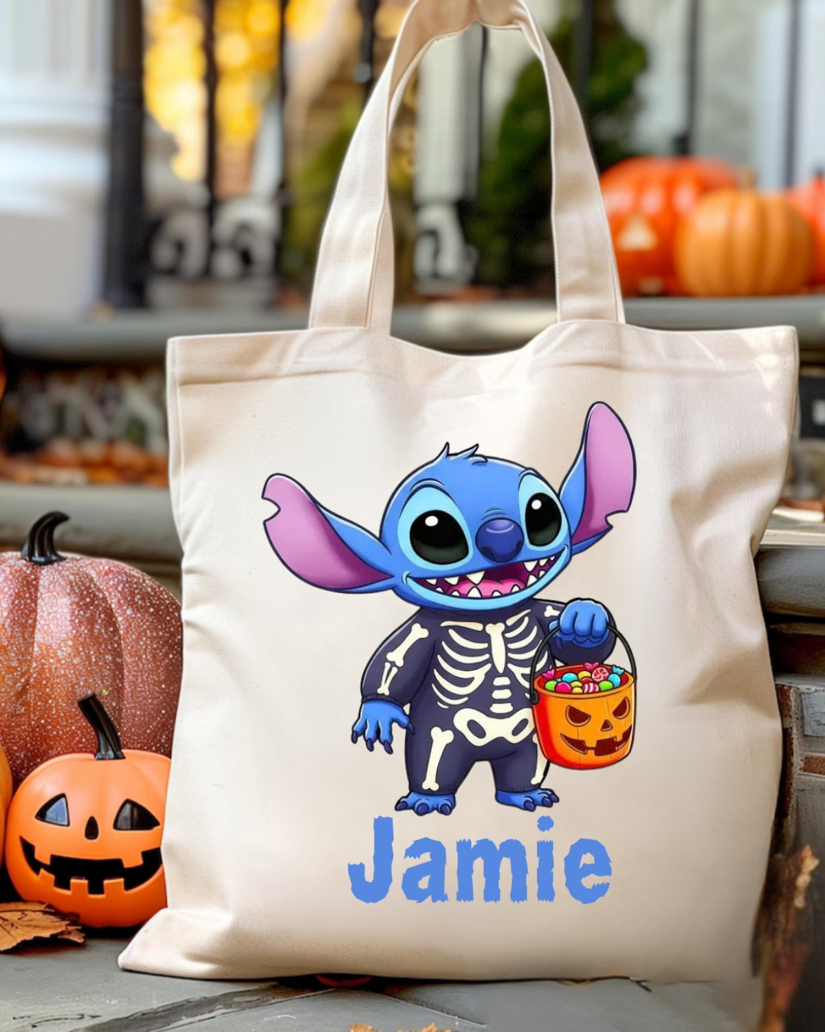 Personalised blue alien Halloween trick or treat tote bag