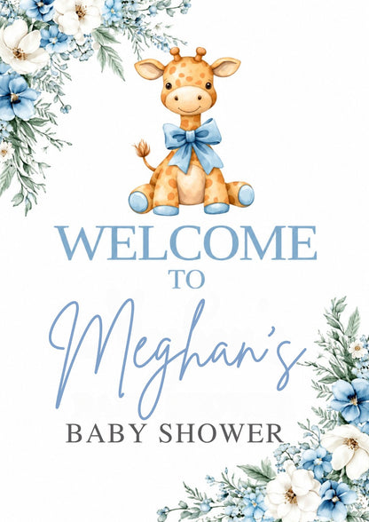 Personalised blue giraffe baby shower welcome sign