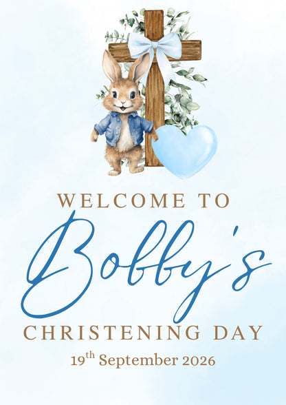 Personalised boys christening welcome sign with blue bunny, cross and heart