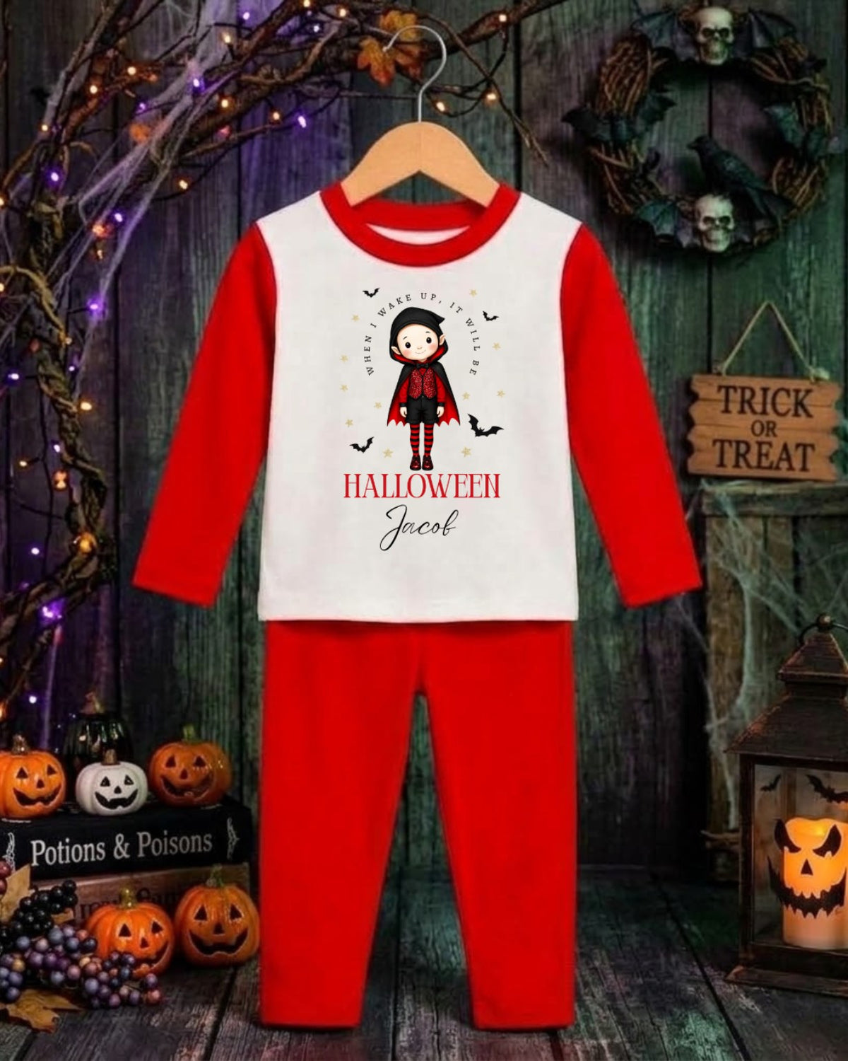 Personalised boys Halloween pyjamas displayed in Halloween setting