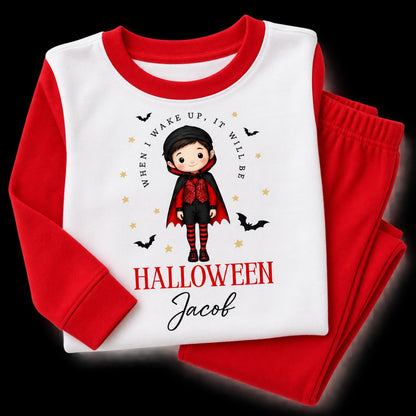 Personalised boys red and white Halloween pyjamas with vampire design