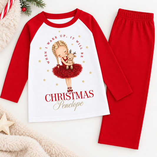 Personalised red and white Christmas pyjamas with reindeer girl design