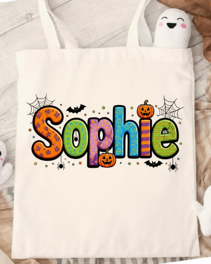Personalised colourful name Halloween trick or treat tote bag
