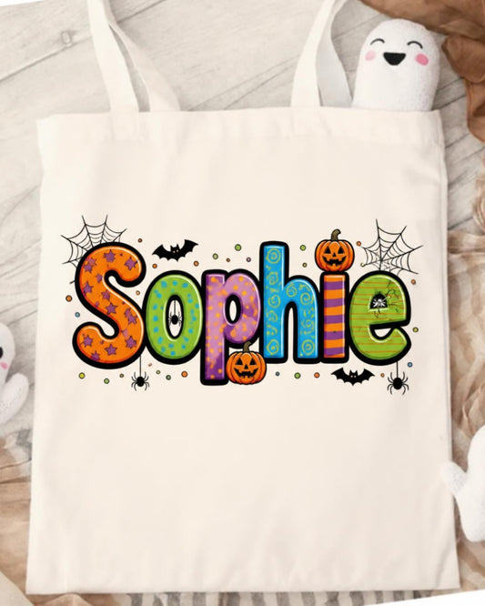 Personalised colourful name Halloween trick or treat tote bag