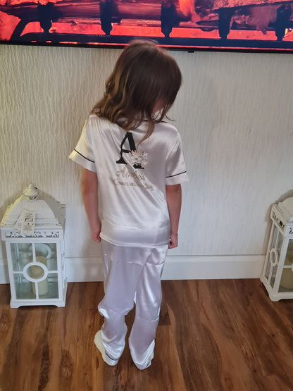 Girls Satin Pjs - Floral Initial Design