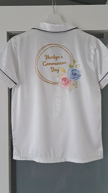 Girls Satin Pjs - Gold Floral Design