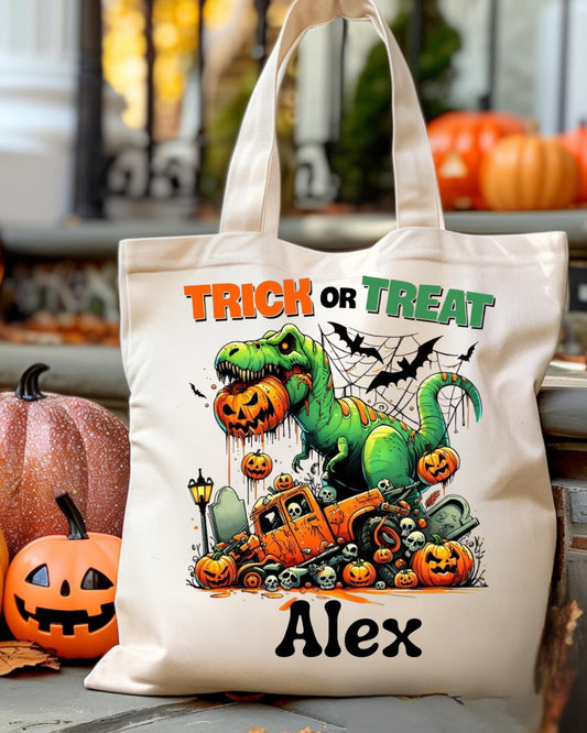 Personalised dinosaur Halloween trick or treat tote bag