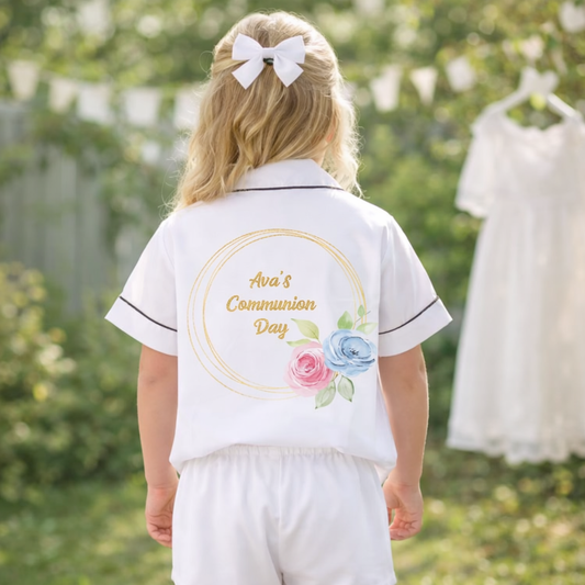 Girls Satin Pjs - Gold Floral Design