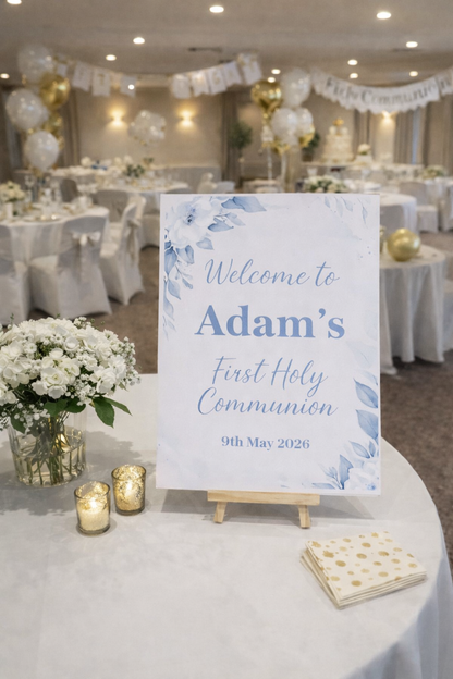 Blue Floral Personalised Party Welcome Sign - A3 & A4