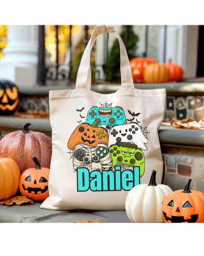 Personalised gamer Halloween trick or treat tote bag