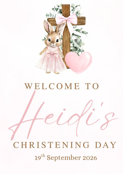 Personalised girls christening welcome sign with pink bunny, cross and heart