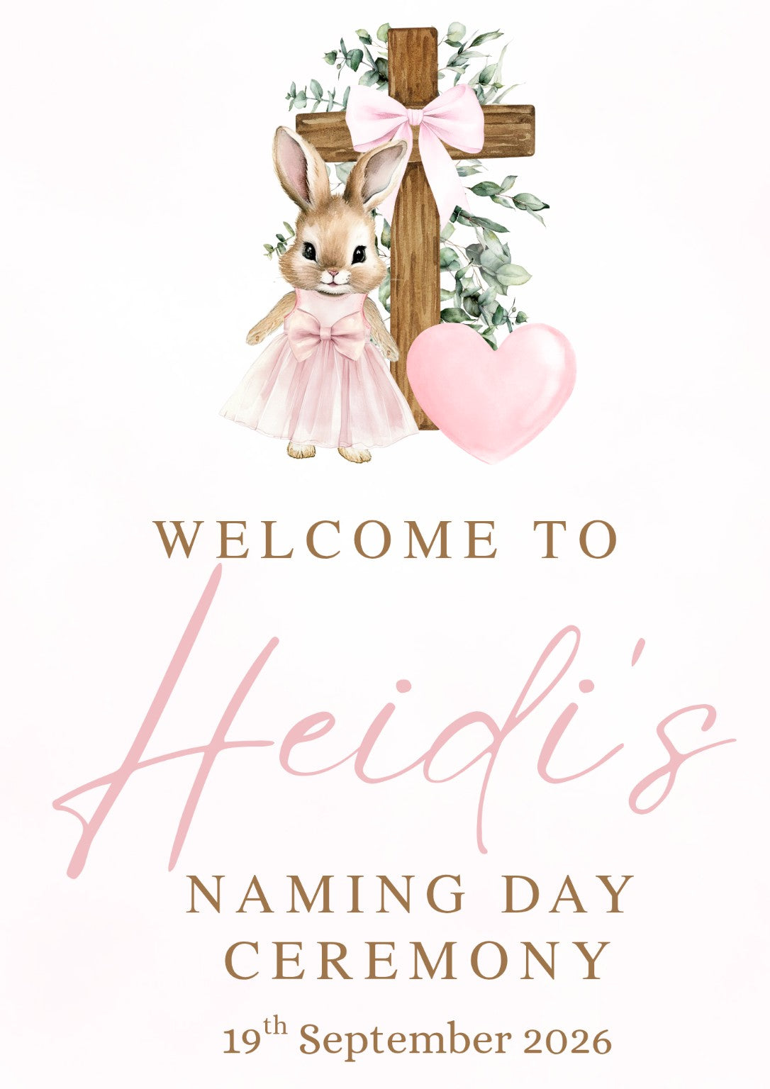 Personalised girls naming day ceremony welcome sign with pink bunny, cross and heart