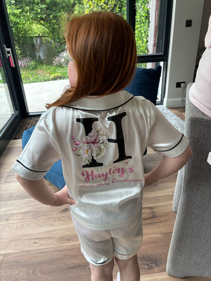 Girls Satin Pjs - Floral Initial Design