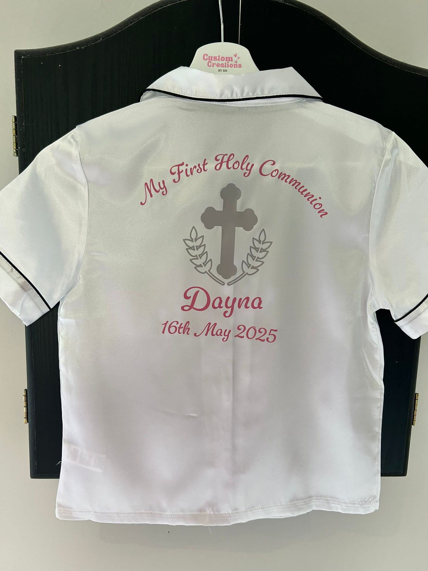 Girls Satin White Communion Pjs - Silver Cross Design