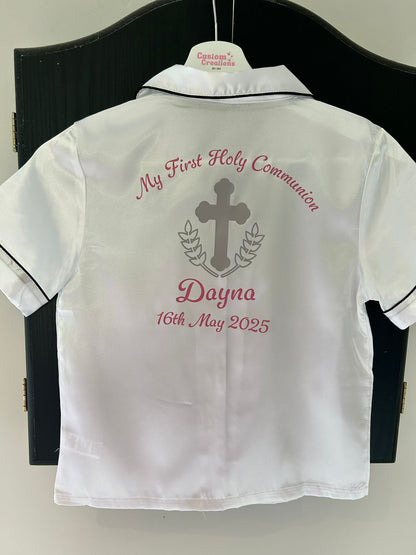 Girls Satin White Communion Pjs - Silver Cross Design