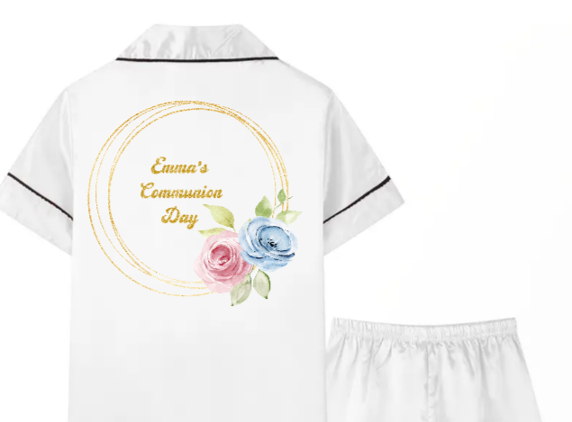 Girls Satin Pjs - Gold Floral Design