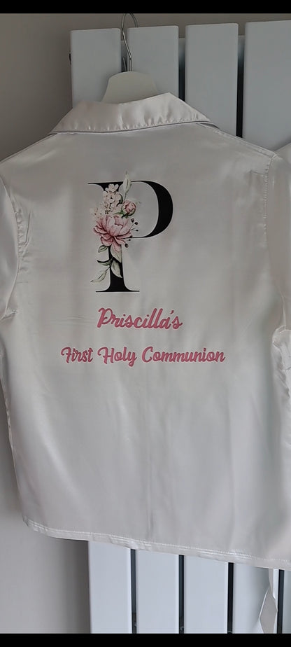 Girls Satin Pjs - Floral Initial Design