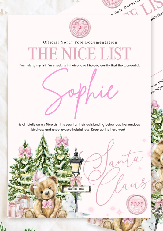 Personalised Pink Nice List Certificate from Santa – Festive Design