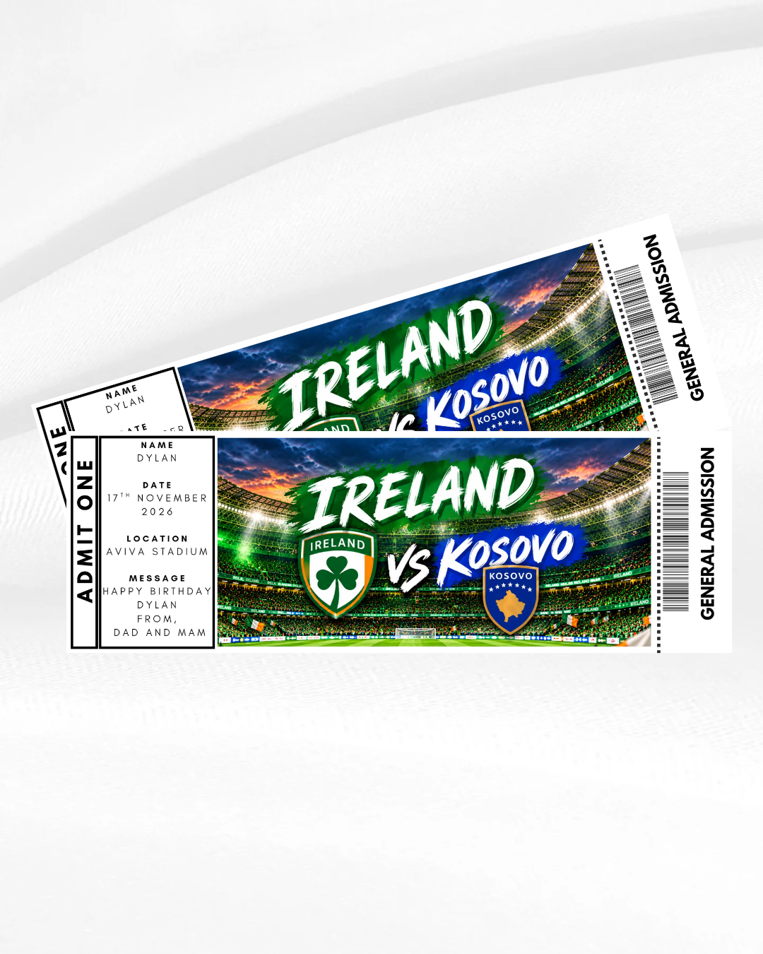 Ireland vs Kosovo personalised football ticket gift mockup
