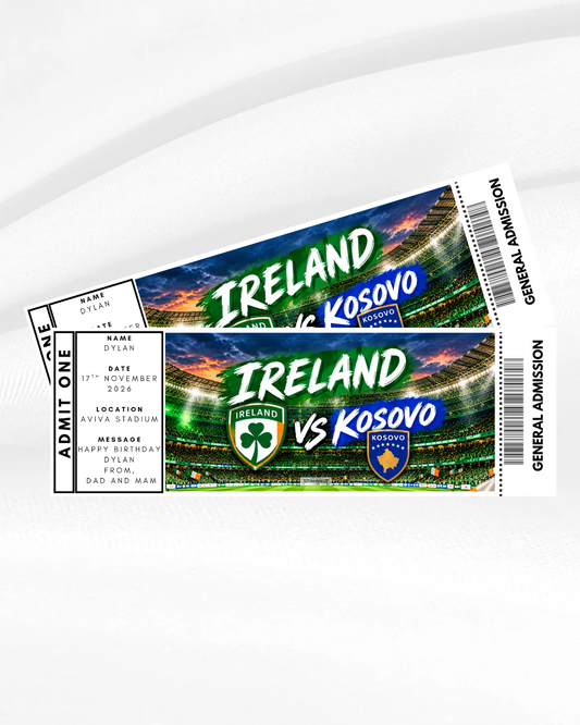 Ireland vs Kosovo personalised football ticket gift mockup