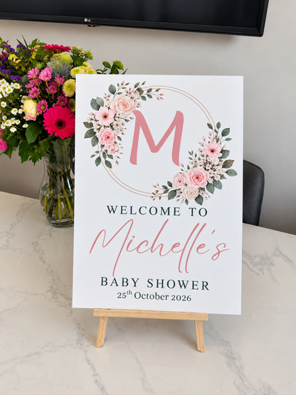 Pink floral personalised baby shower welcome sign with wooden easel