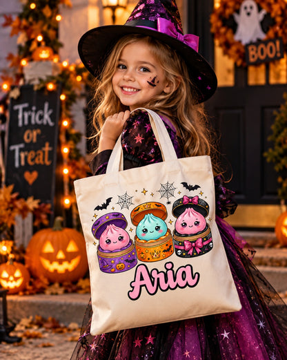 Personalised Halloween dumpling trick or treat tote bag with the name Aria