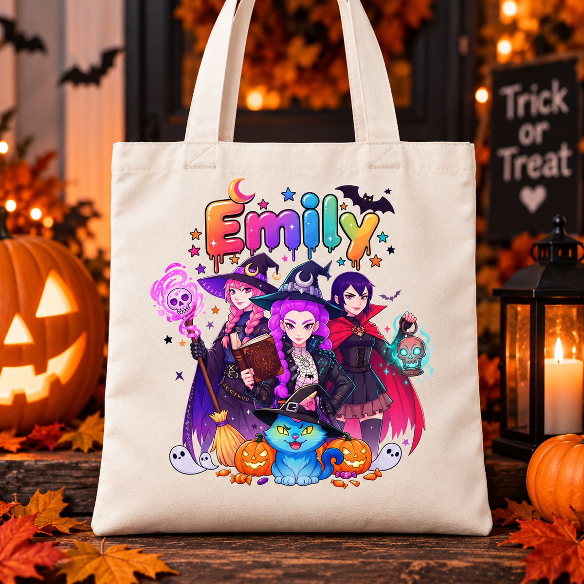 Personalised Halloween witch trick or treat tote bag