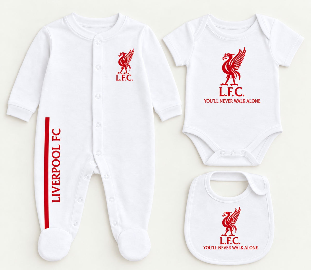 Personalised Liverpool FC baby gift set with white sleepsuit, vest and bib