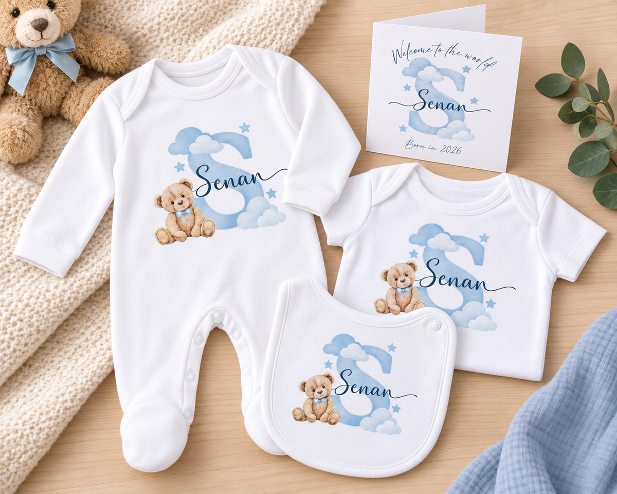 Personalised new baby gift set with sleepsuit, vest, bib and card