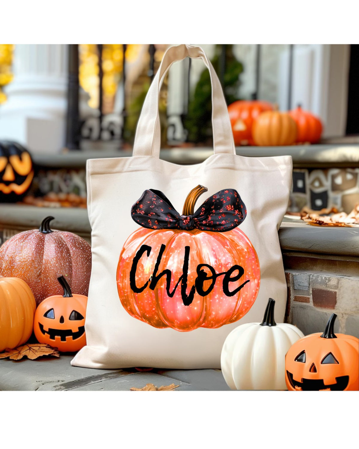 Personalised pumpkin bow Halloween trick or treat tote bag