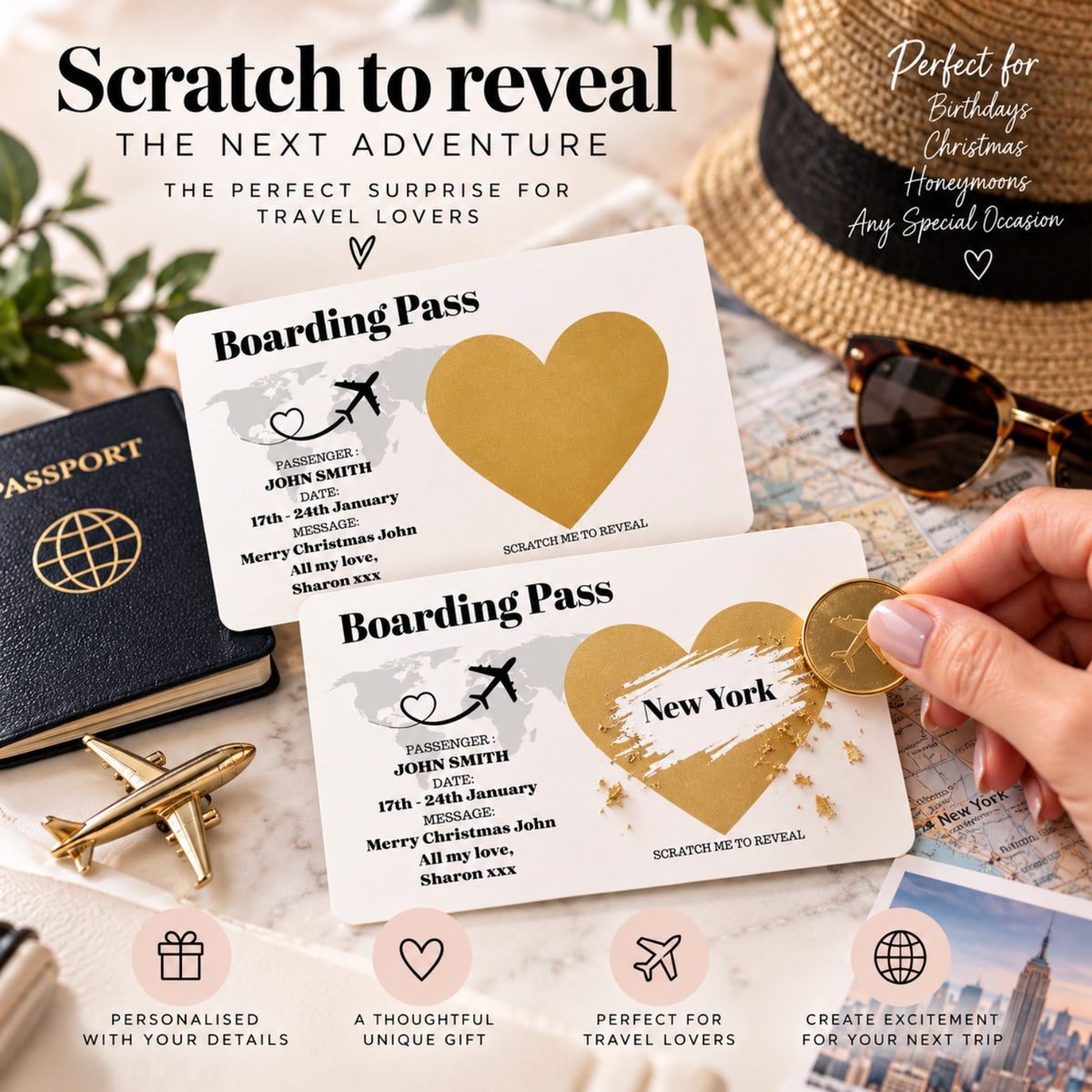 Personalised scratch to reveal boarding pass surprise travel gift