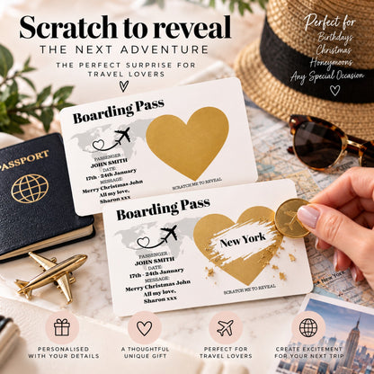 Personalised scratch to reveal boarding pass surprise travel gift